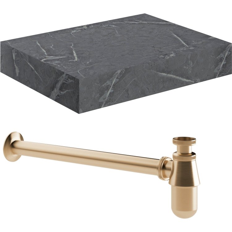 Ajax Kelsey 600mm Grey Marble Wall Hung Basin Shelf and Brushed Bronze Bottle Trap