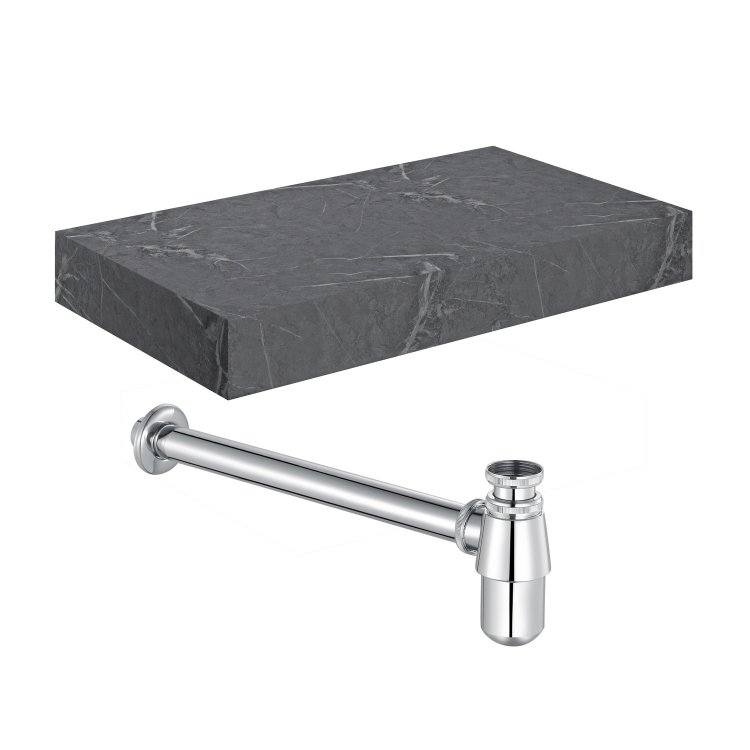 Ajax Kelsey 800mm Grey Marble Wall Hung Basin Shelf and Chrome Bottle Trap
