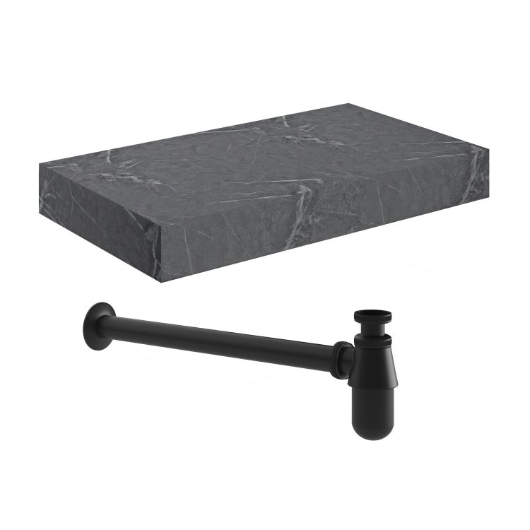 Ajax Kelsey 800mm Grey Marble Wall Hung Basin Shelf and Black Bottle Trap