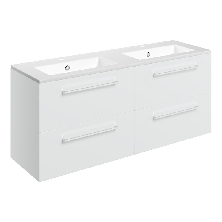Ajax Walesby 1210mm White Gloss Wall Hung Double Vanity Unit Two Tap Hole Basin