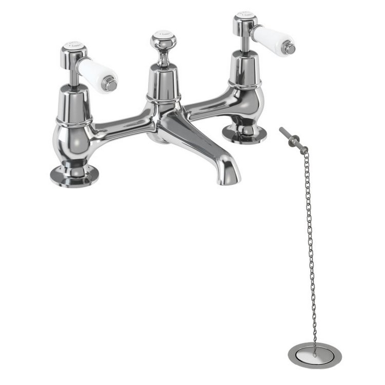 Burlington Kensington Chrome 2 Tap Hole Bridge Basin Mixer with Plug and Chain Waste Standard Base