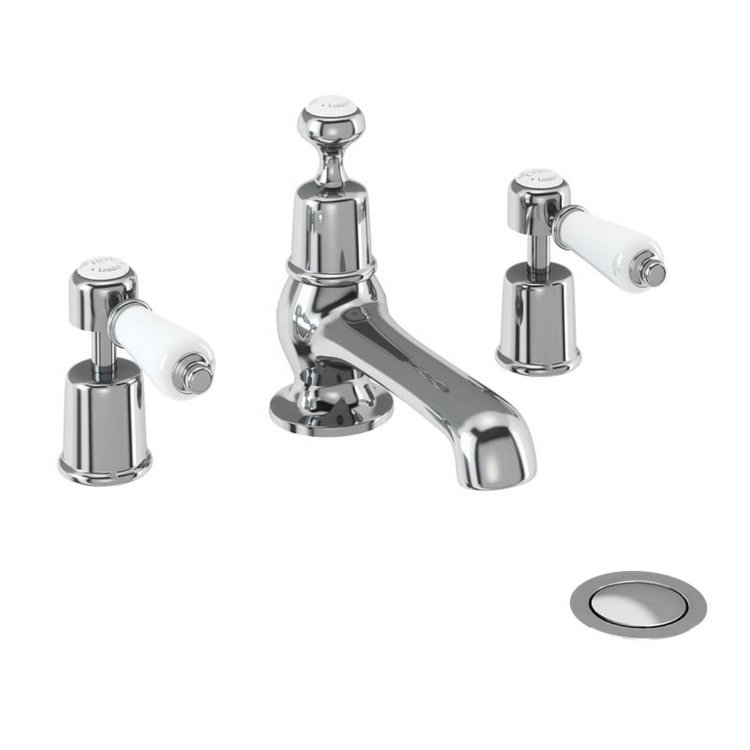 Burlington Kensington Chrome 3 Tap Hole Basin Mixer with Pop Up Waste Standard Base