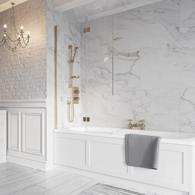 Scudo Dawn Thalia 1500 x 900mm Brushed Brass Outward Opening Bath Screen